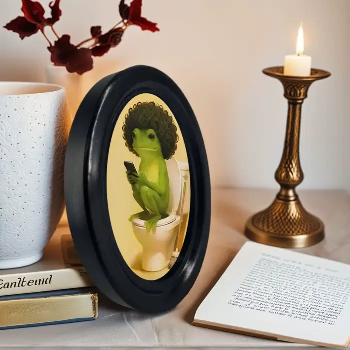 1 pièce de décoration murale amusante en forme de grenouille de toilette avec cadre ovale