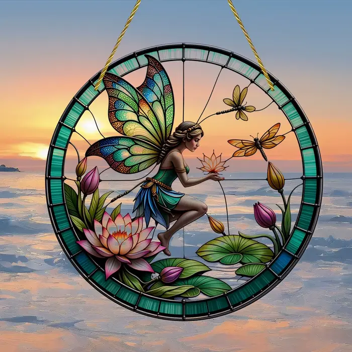 Décoration murale ronde en acrylique style vitrail, Fée enchantée avec fleurs de lotus et libellules