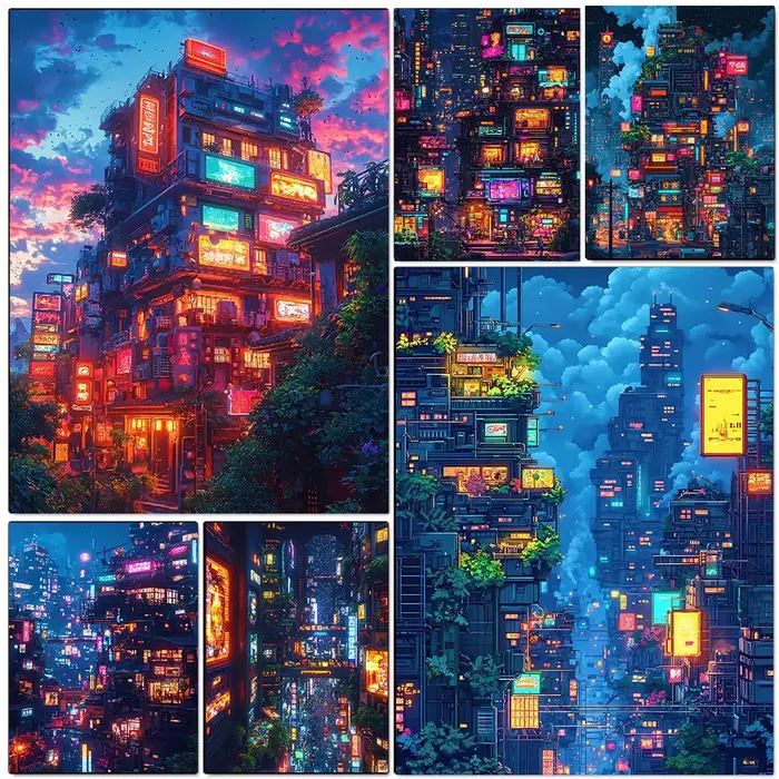 Diamant peinture plein carré ville nuit Cyberpunk ville néon paysage futuriste décor à la maison cadeau photo de strass fait à la main