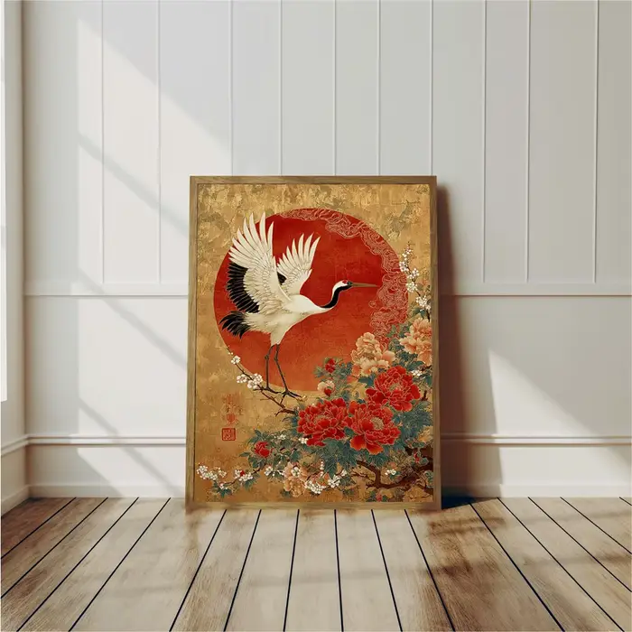 Affiche style feuille d'or Grue Orientale