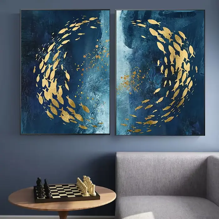 Toile de peinture abstraite de poisson doré et bleu