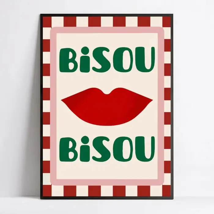 Affiche encadrée d'art à lèvres rouges Bisou Bisou