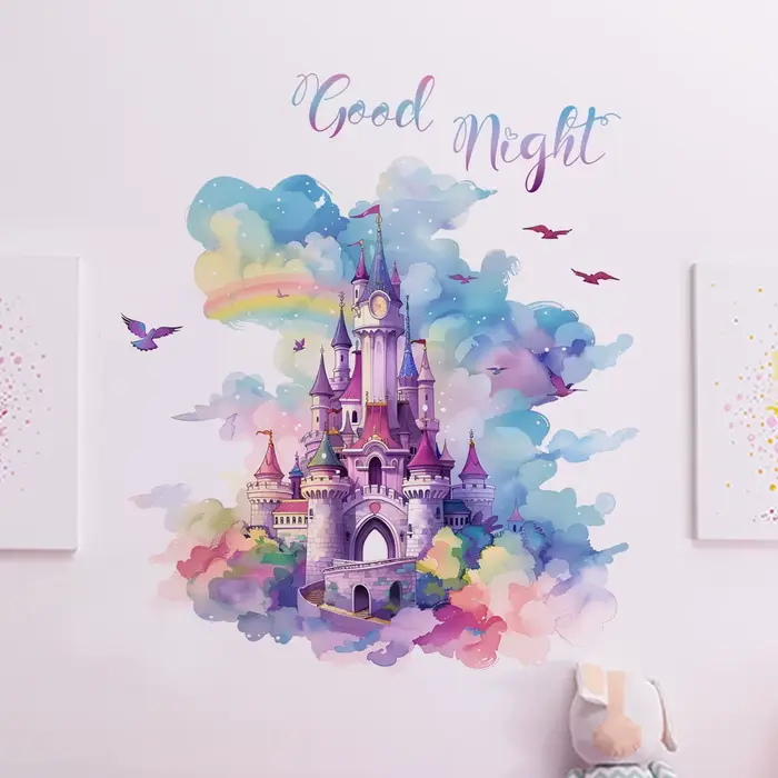 Autocollant mural en vinyle château arc-en-ciel pour enfant