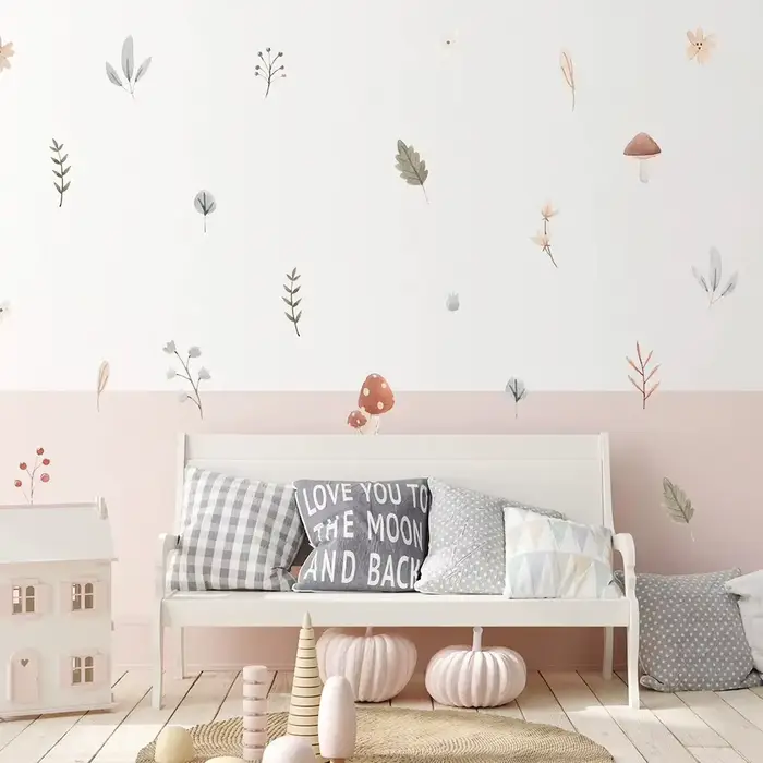 Boho dessin animé motif champignon feuilles pépinière stickers muraux amovible bricolage vinyle auto