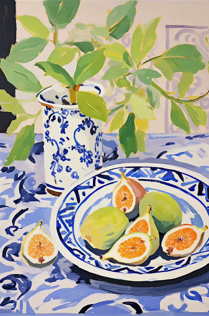 Affiche abstraite de marché aux fruits, figue, citrons, fraises, pêches, peinture sur toile imprimée