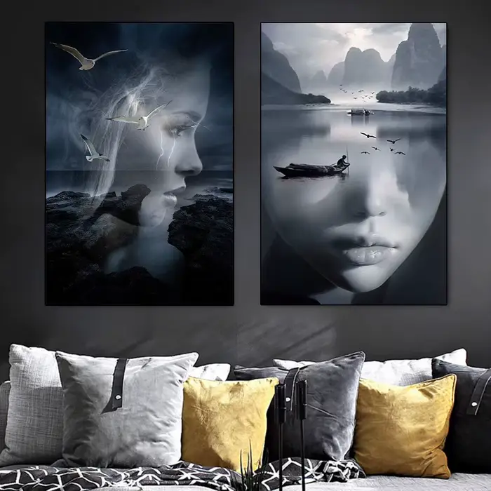 Affiche murale abstraite de paysage de visage de montagne de femme de nature humaine