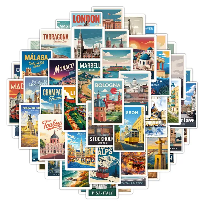50 autocollants vintage de voyage en Europe