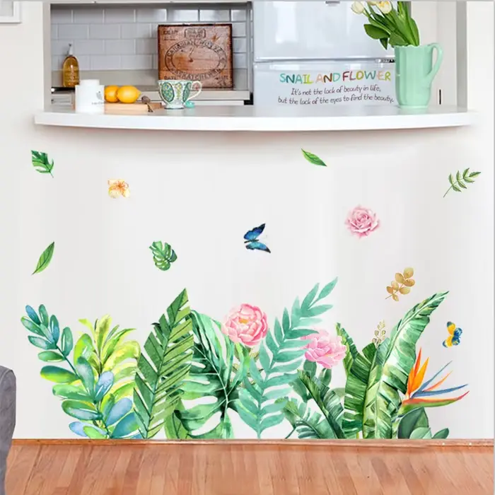 Autocollant mural papillon et fleurs pour plinthe