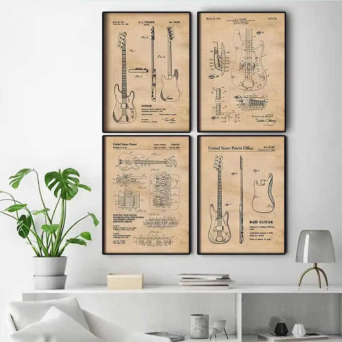 Affiche murale en toile pour guitares basses électriques Vintage, imprimés brevetés, décor artistique esthétique, étudiant, enseignant, musique, ventilateur de garde-boue Lion