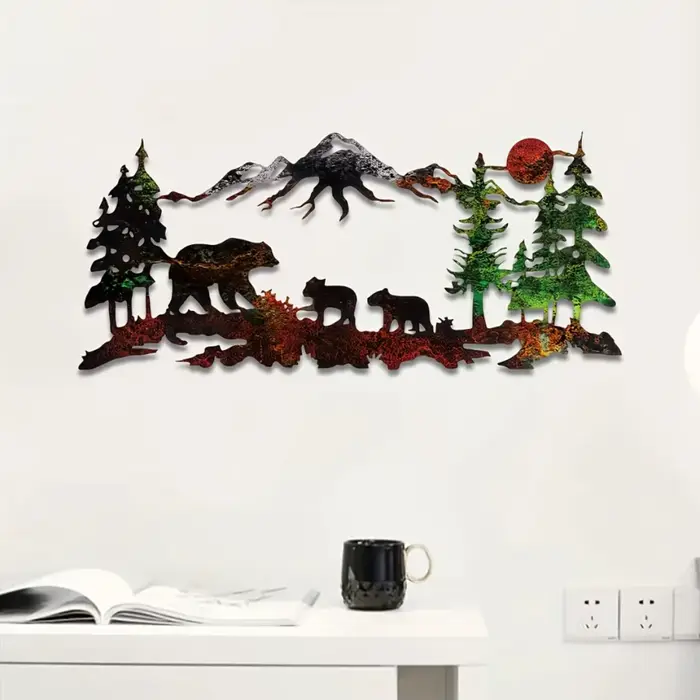 Art mural de montagne de forêt d'ours en métal-peinture de décoration de maison de Silhouette rustique