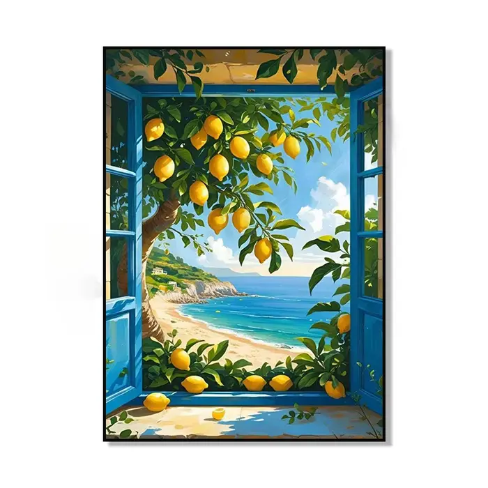 1 toile murale moderne style méditerranéen avec motif citron, affiches de citronniers côtiers non encadrées pour la décoration estivale du salon