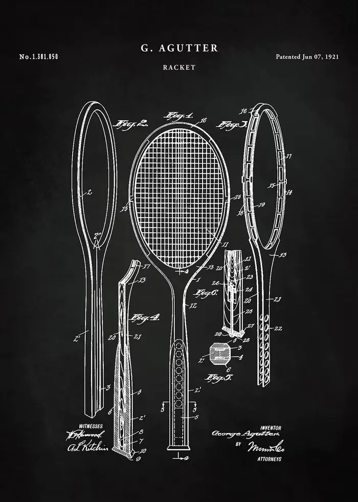 Affiches et imprimés de brevet de raquette Vintage 1921, peinture sur toile de Tennis rétro, tableau