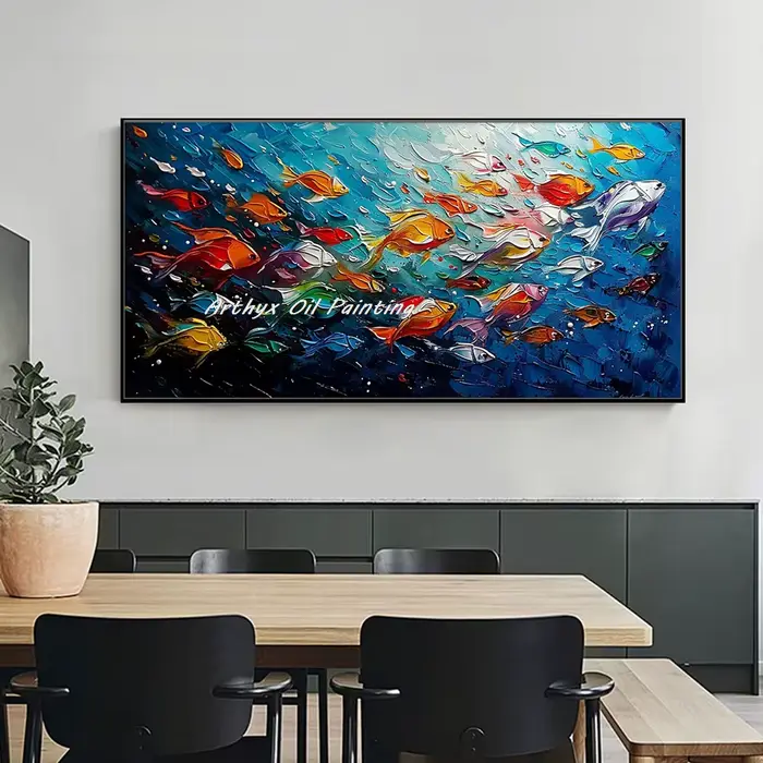 Arthyx, peinture à l'huile sur toile d'école de poissons d'art texturé d'océan bleu