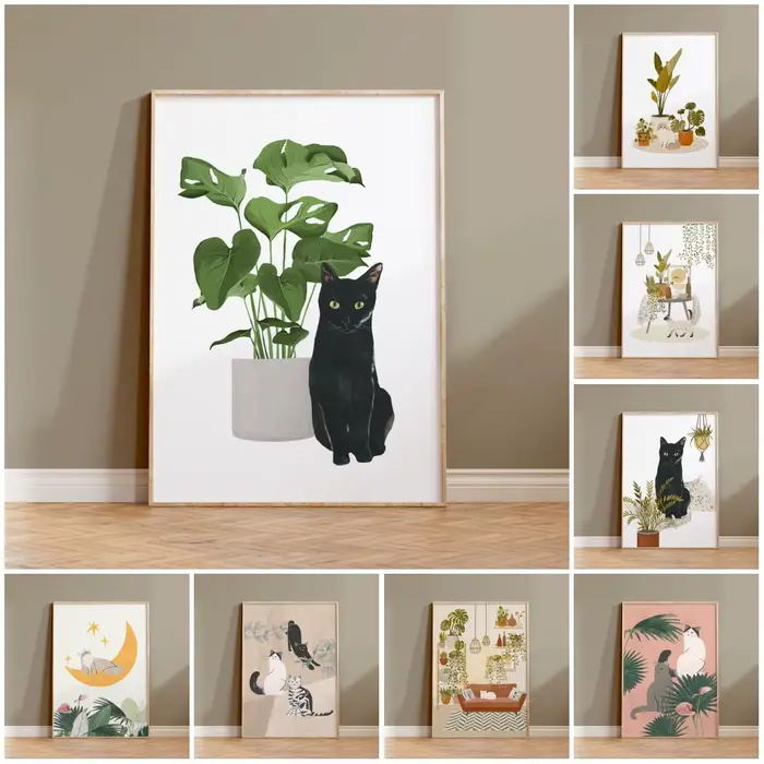 Affiche murale imprimée chat et plante