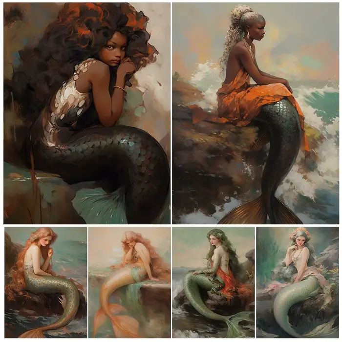 Sirène sur le récif vintage peinture à l'huile sur toile