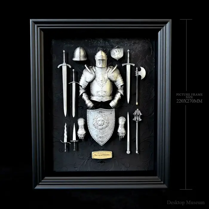 Cadre photo en résine époxy fait main et peint à la main, représentant une armure de chevalier médiéval anglais-français, décoration de bureau et de maison