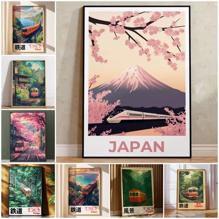 Affiche murale imprimée sur toile de paysage japonais Vintage