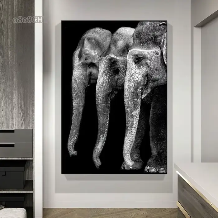 Peinture sur toile d'éléphants d'animaux noirs et blancs