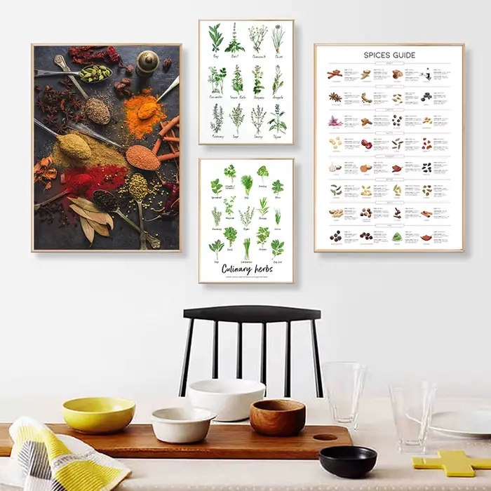 Tableau Botanique d'Art Mural pour la Cuisine, Affiche Imprimée sur Toile, Peinture d'Herbes et d'Épices, Décor Mural de Maison