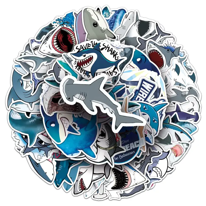 50 pièces autocollants requin dessin animé animaux de mer féroces Graffiti décoration bricolage valise jouets réfrigérateur ordinateur portable tasse d'eau guitare décalcomanies