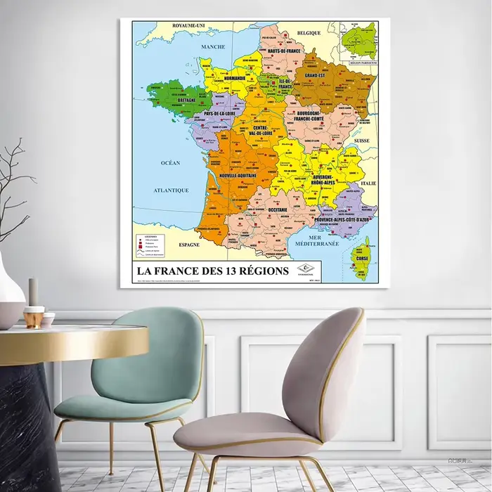 Affiche murale en vinyle de la carte politique de la France