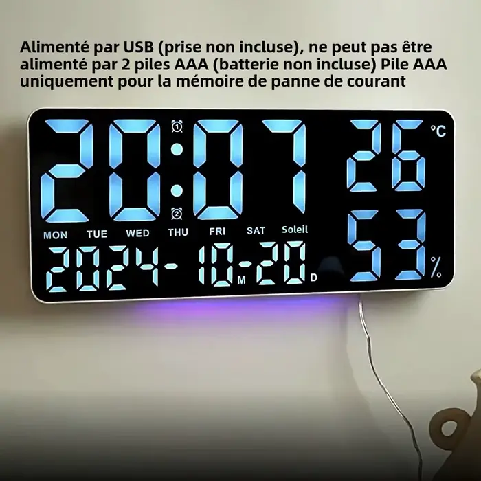 Grande horloge murale numérique avec lumière d'ambiance 7 couleurs