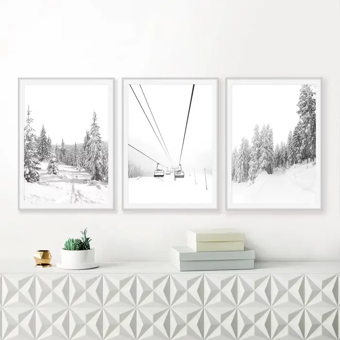 Impressions d'hiver ensemble d'impression noir et blanc de 3 décor d'art mural affiche nordique imprimé forêt de neige