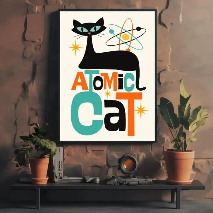 Affiche esthétique de calligraphie avec peinture de chat noir du milieu du siècle