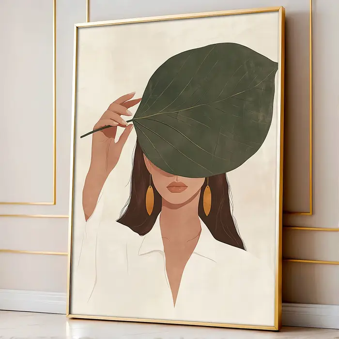 Affiche sur toile « Femme cachant son visage avec des feuilles », impressions d'art abstrait minimal