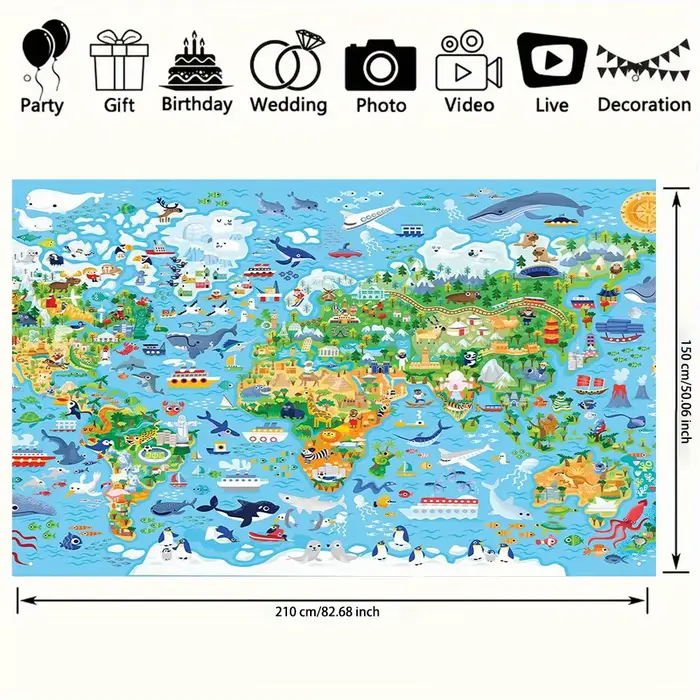 Un fond de carte du monde vif avec des animaux et des planètes de dessin animé – adapté à la décoration de la maison