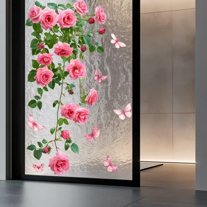 Autocollant de fenêtre de vigne de fleur 1 pièce, design de rose rose et de papillon, autocollant mu