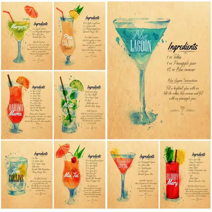 Bar boissons liste Cocktail photos murales pour cuisine salle thé Restaurant décor nordique affiche mur Art toile peinture sans cadre