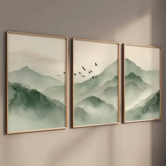Lot de 3 tableaux muraux vert sauge - Triptyque d'impressions Japandi sur toile pour la décoration de la pièce