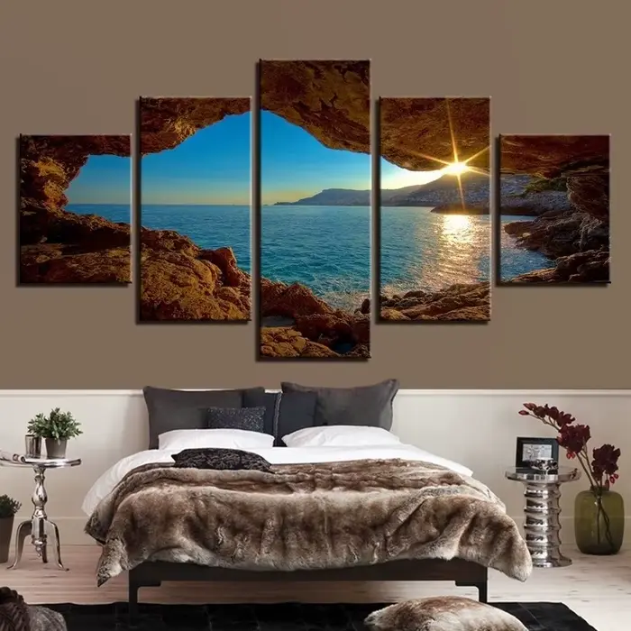 Peinture sur toile de paysage moderne, 5 pièces, tableau imprimé, décoration de maison, coucher de s