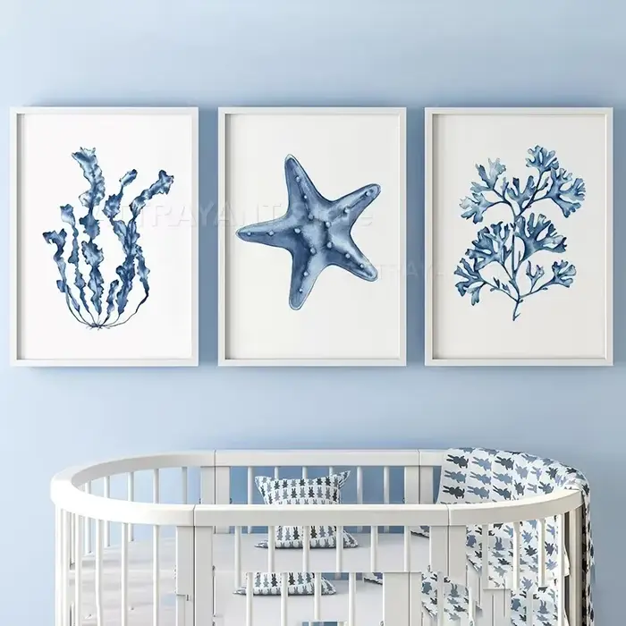 Aquarelle corail algues étoile de mer coquille conque bleu marine affiches imprime mur Art toile peinture photos pour salon décor