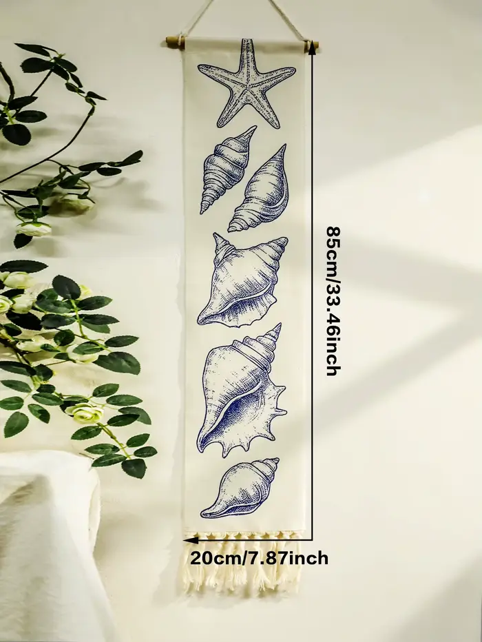 Tapisserie murale Boho Shell & Conch, tapisseries de décoration suspendues blanches avec pompon, art