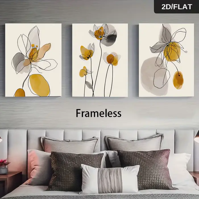 1 ensemble de peintures décoratives modernes et minimalistes, triptyque floral linéaire, pour la déc