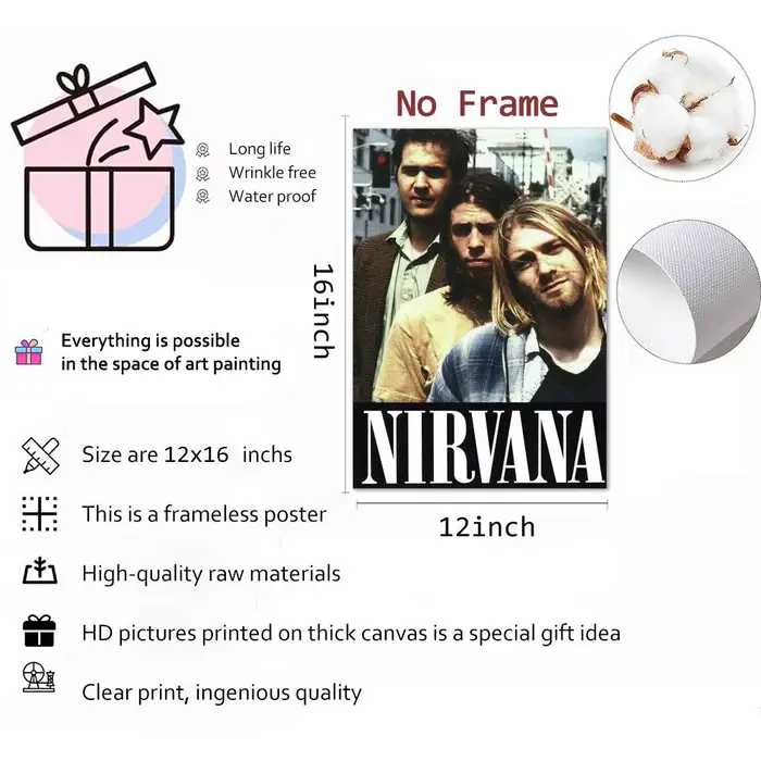 Affiche sur toile de calligraphie de peinture de groupe A-N-Nirvana-Rock: sans plis
