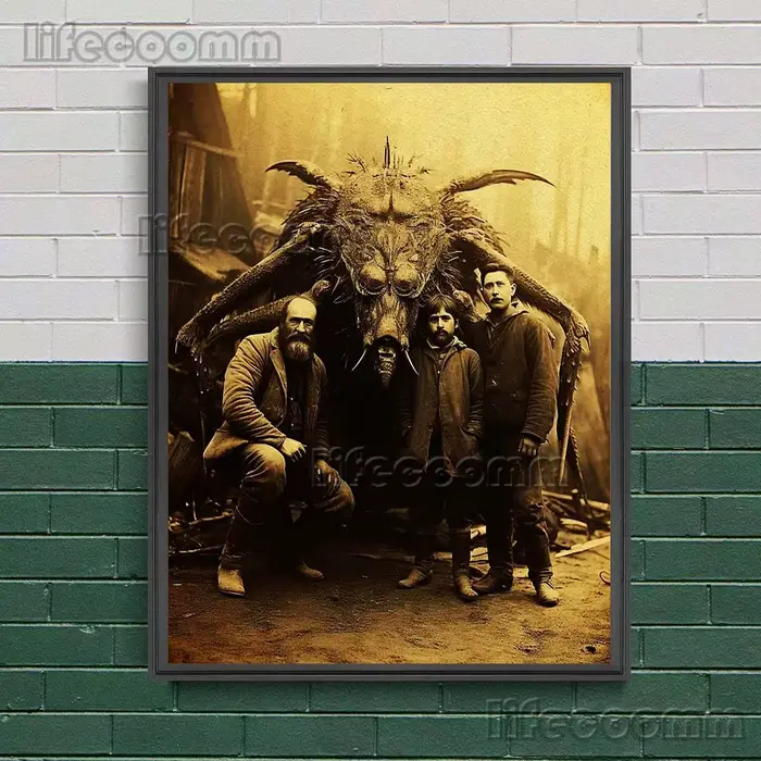 Affiche d'art de photographie Vintage d'animaux et de chasseurs de monstres géants et imprimés