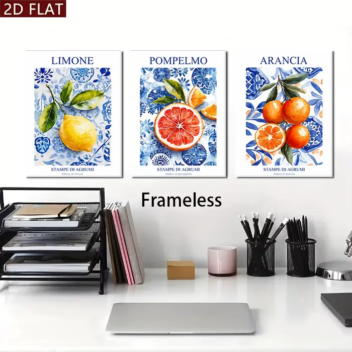 1 ensemble de triptyques décoratifs sans cadre représentant des fruits frais : citron