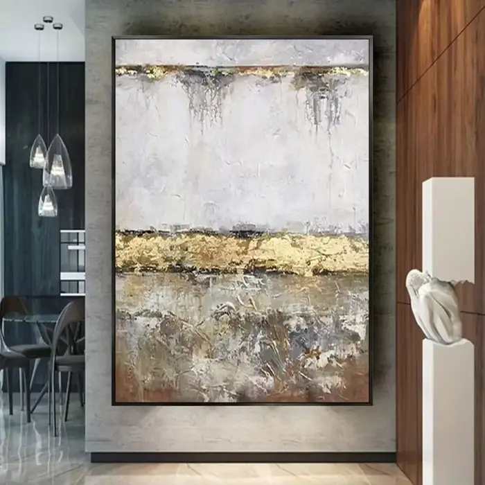 Grande peinture sur toile texturée abstraite beige-brun faite à la main, style bohème, décoration mu