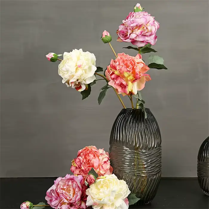 Luxe longue branche peinture à l'huile pivoine Rose fleurs en soie