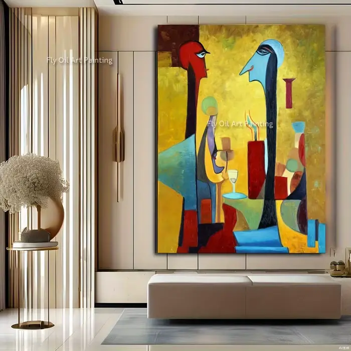 Peinture à l'huile abstraite cubiste faite à la main, art sur toile texturée peinte à la main, décor