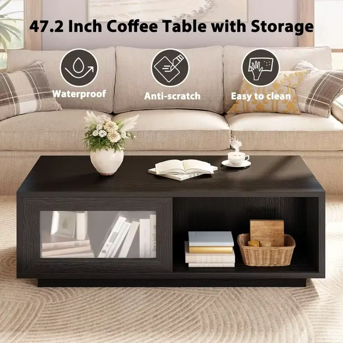 Table basse noire, table basse moderne pour salon, tables basses rectangulaires avec porte coulissan