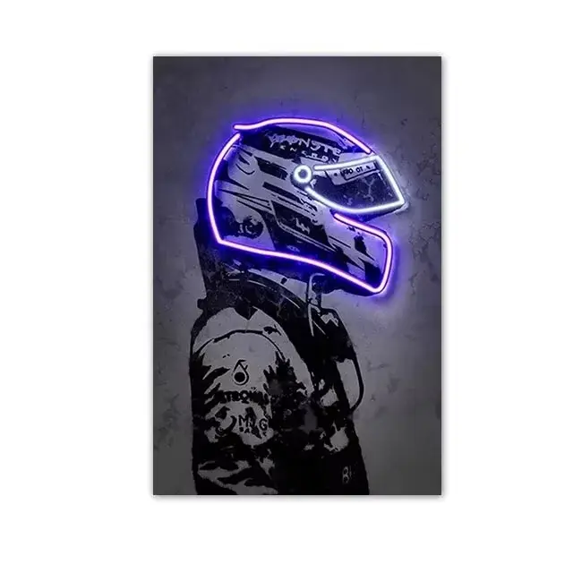 Affiche de course de course abstraite, casque néon imprimé, peinture sur toile, voiture de course, t