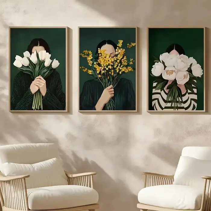 Toile imprimée de figurines abstraites vertes avec fleur