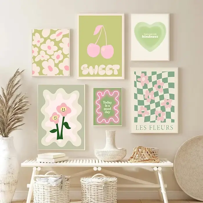 Boho vert coeur mode mur Art coloré cerise rose