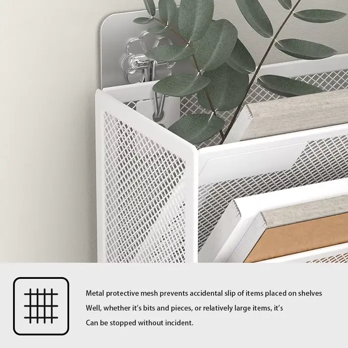 Étagère murale réglable en maille métallique – Support de rangement noir et blanc pour l'organisation du bureau