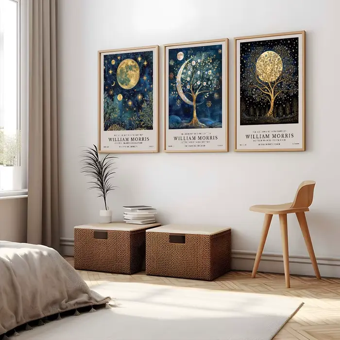 Affiche rétro William Morris lune et étoiles