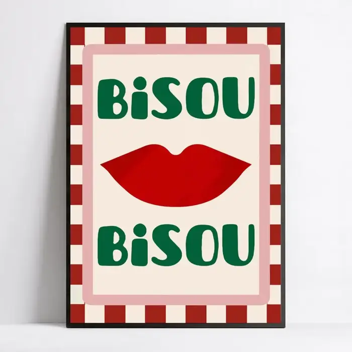 Affiche encadrée d'art à lèvres rouges Bisou Bisou, peinture sur toile rétro moderne pour chambre à 